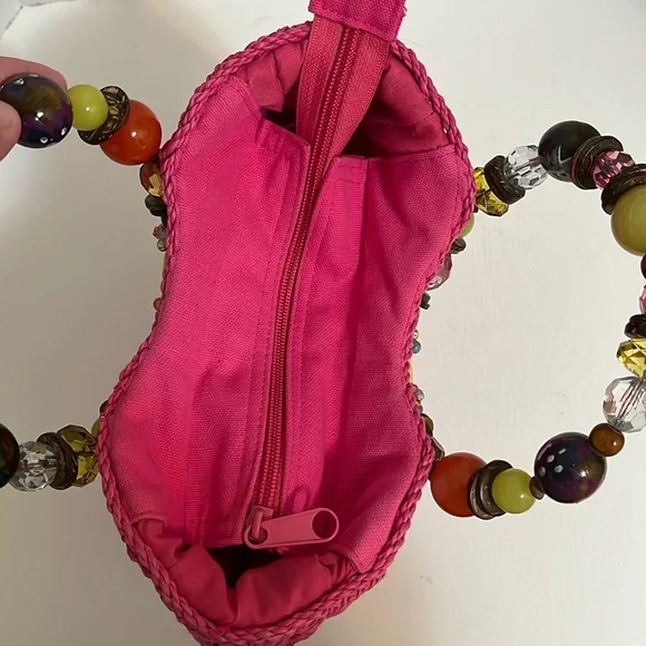 Cappelli Mini Handbag Purse Hot Pink Beaded Handle Woven Straw Summer Fun Small - Picture 9 of 16